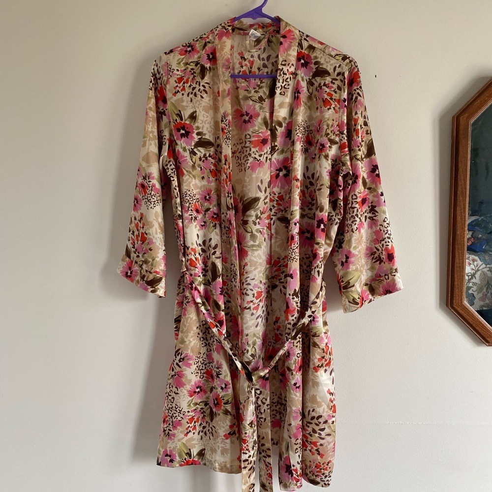 George Womens‎ Floral Leopard Print Satin Robe Pink Orange Tan Medium 8-10